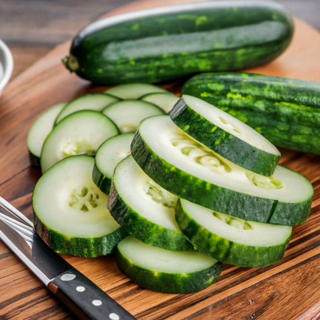 cucumbers being sliced on a chopping board