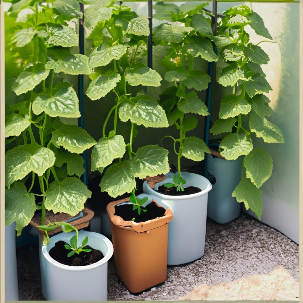 cucumbers growing in containers