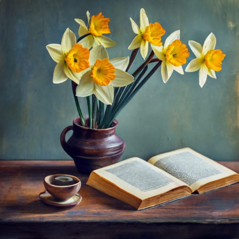 Daffodils next to a vintage gardening book