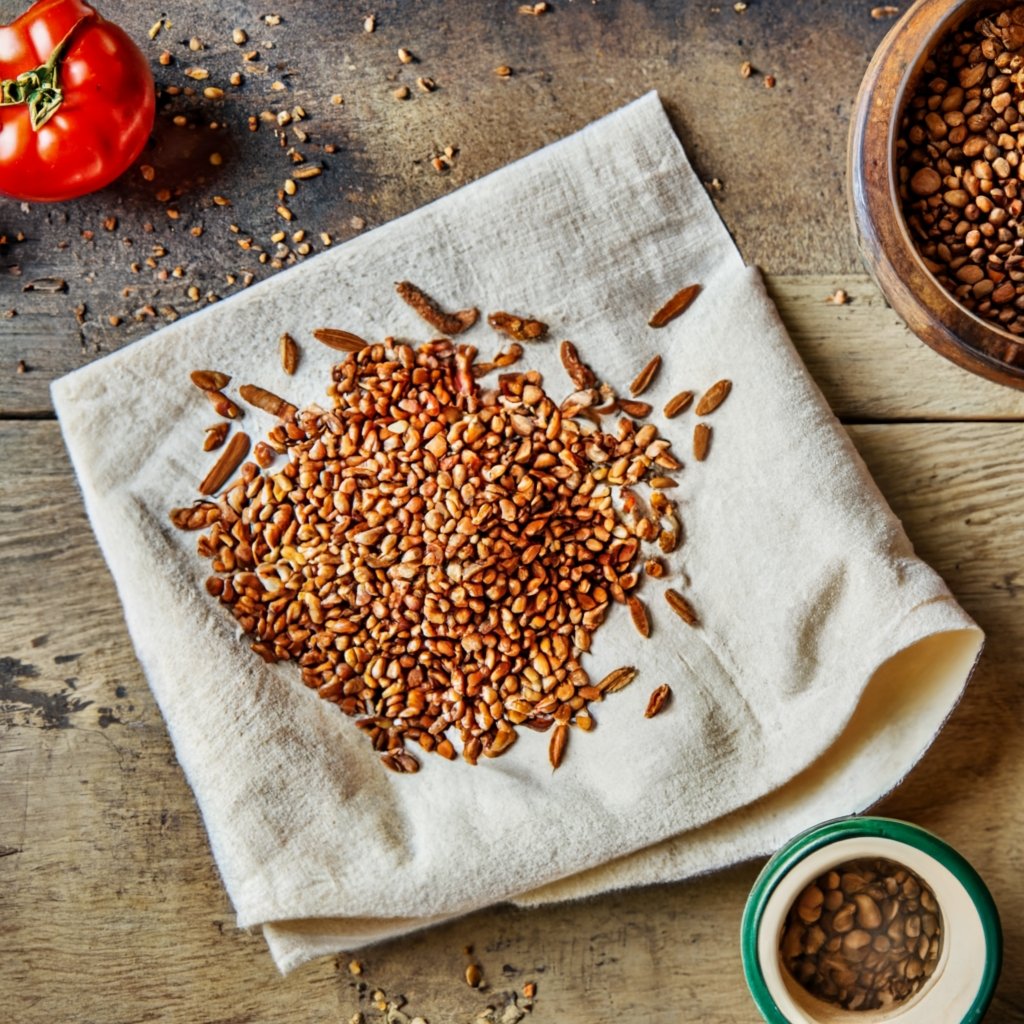 Tomato seeds drying on a paper towel