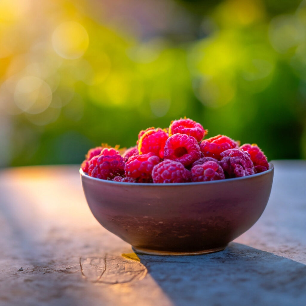 Raspberry pots bathed in golden hour light