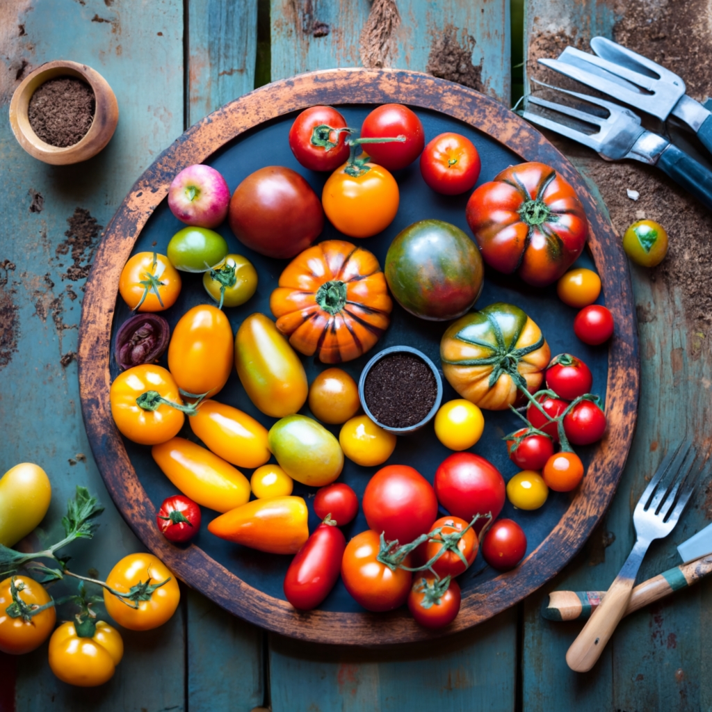 A variety of heirloom tomatoes displayed on a rustic wooden table