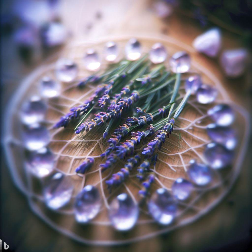 Lavender sprigs arranged around a crystal grid