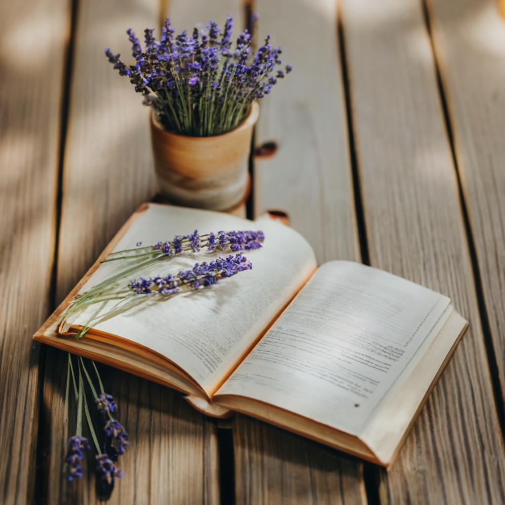 Lavender plant next to a Feng Shui book