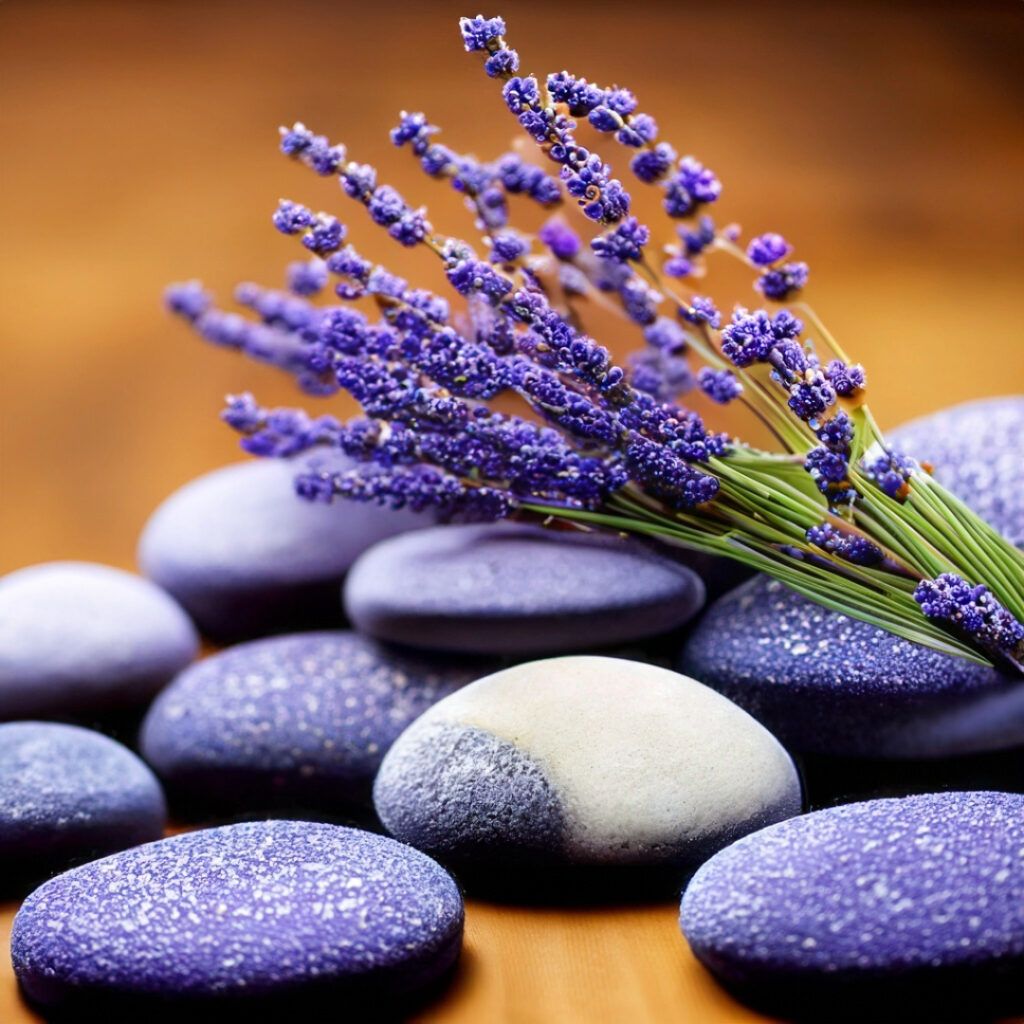 Lavender sprigs and Zen stones