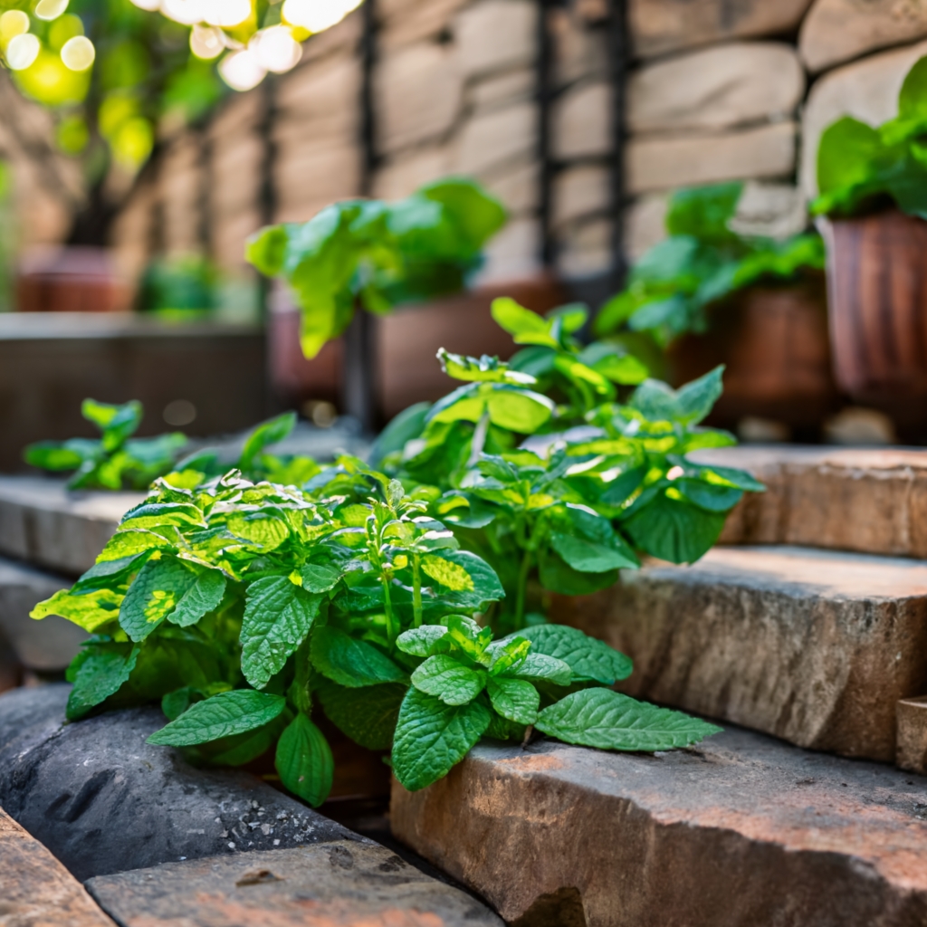 Mint plants in a shaded garden