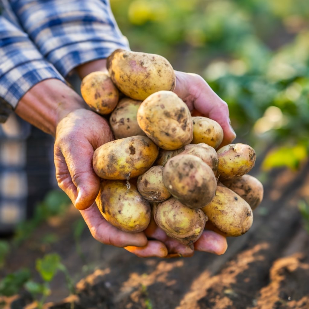 Fresh potatoes being harvested in the morning