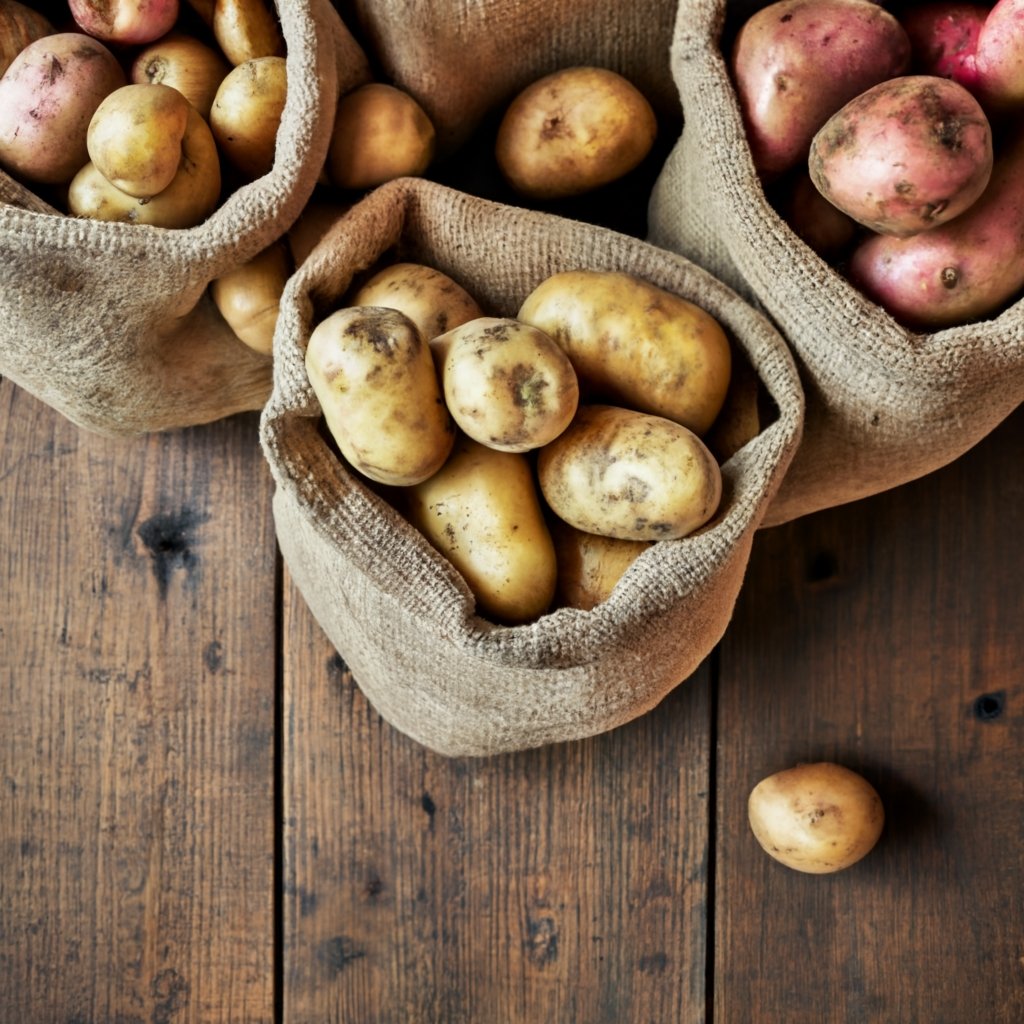 Potatoes stored in burlap sacks in a storage room