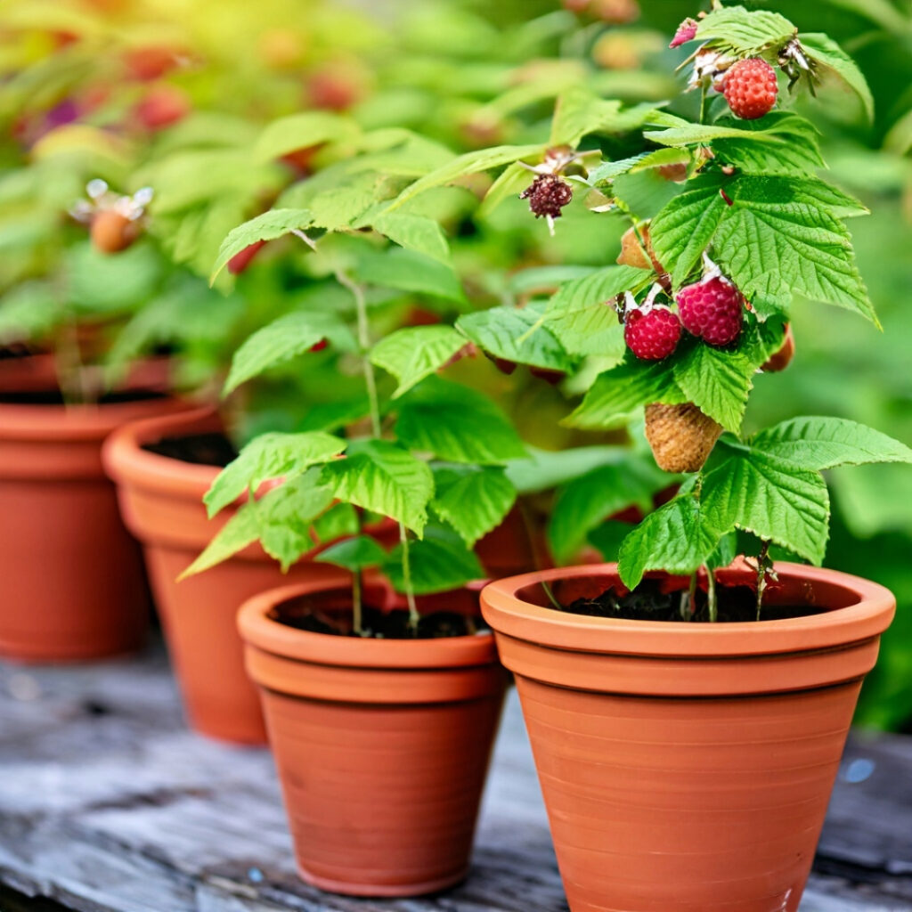 aspberries thriving in terracotta pots in a rustic garden setting