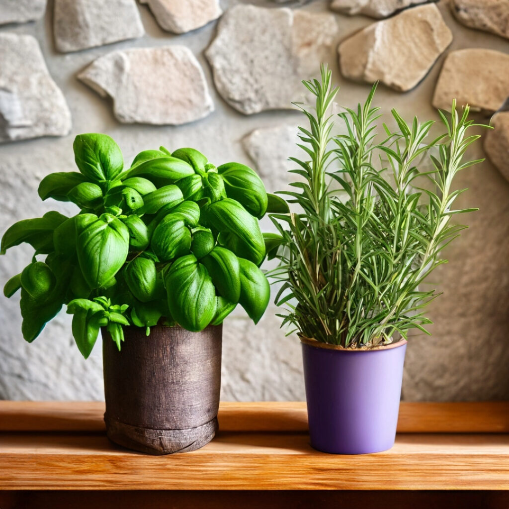 Rosemary and basil in terracotta pots on a wooden shelf