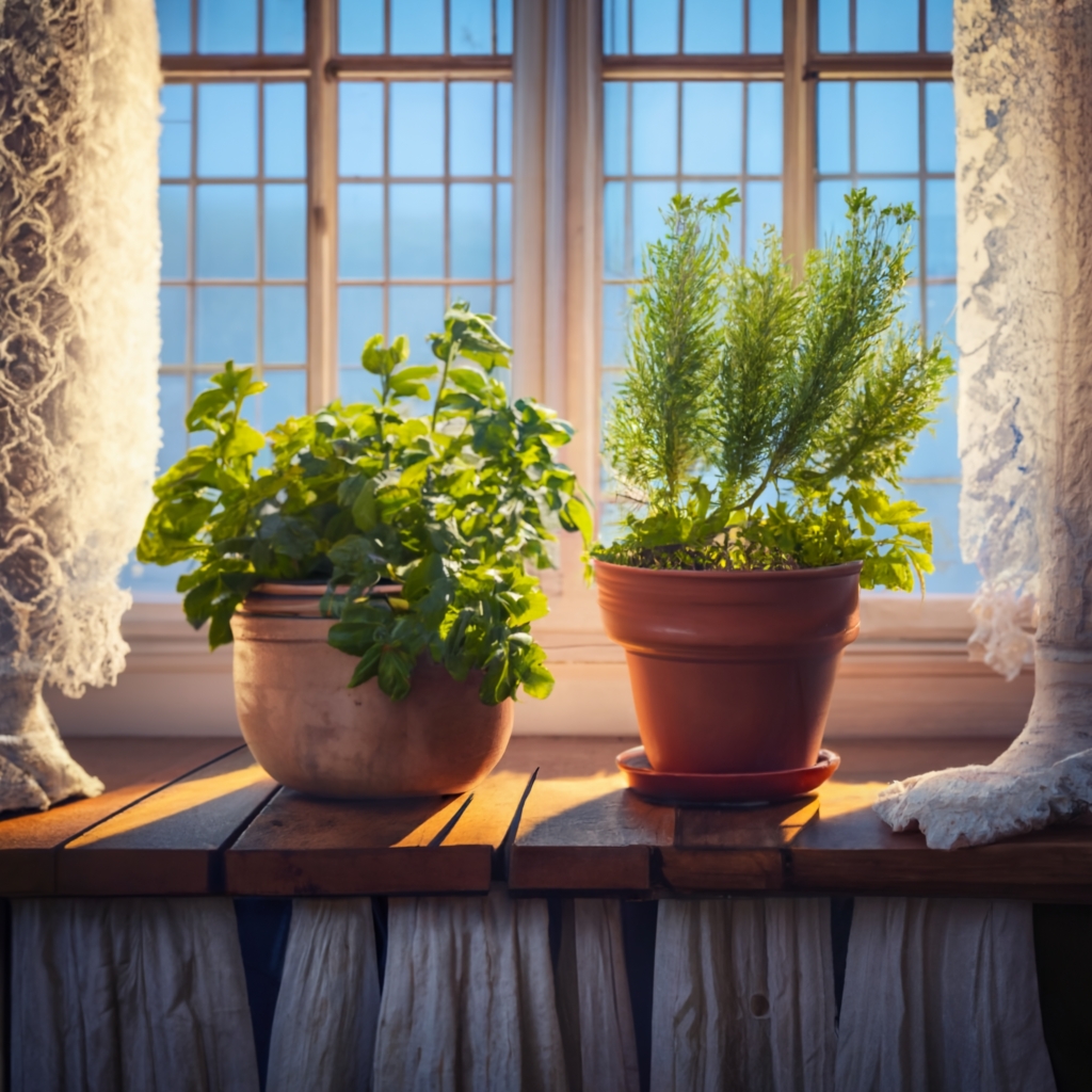 Rosemary and oregano in small pots on a window sill