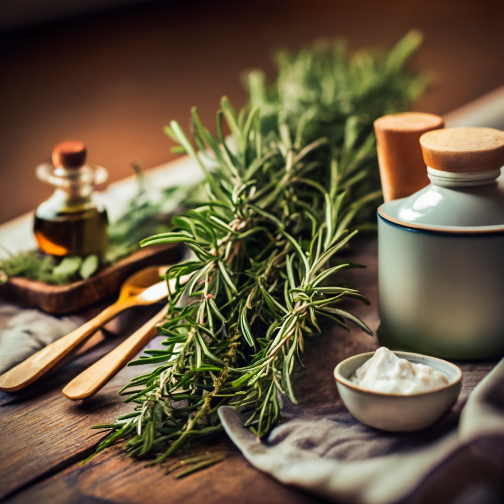 Fresh rosemary and companion herbs on a wooden kitchen table