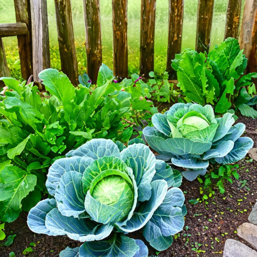 A rustic garden with various cabbage heads