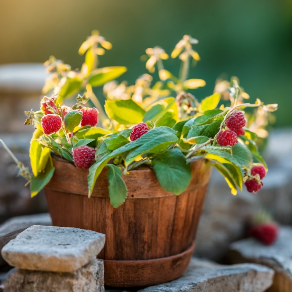 Rustic garden setting with raspberries growing in pots