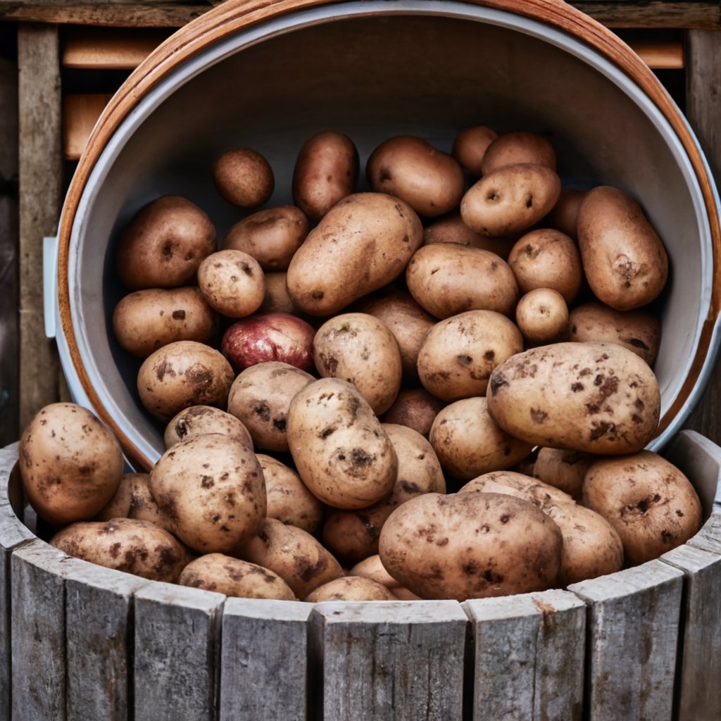 Potatoes stored in a rustic wooden bin