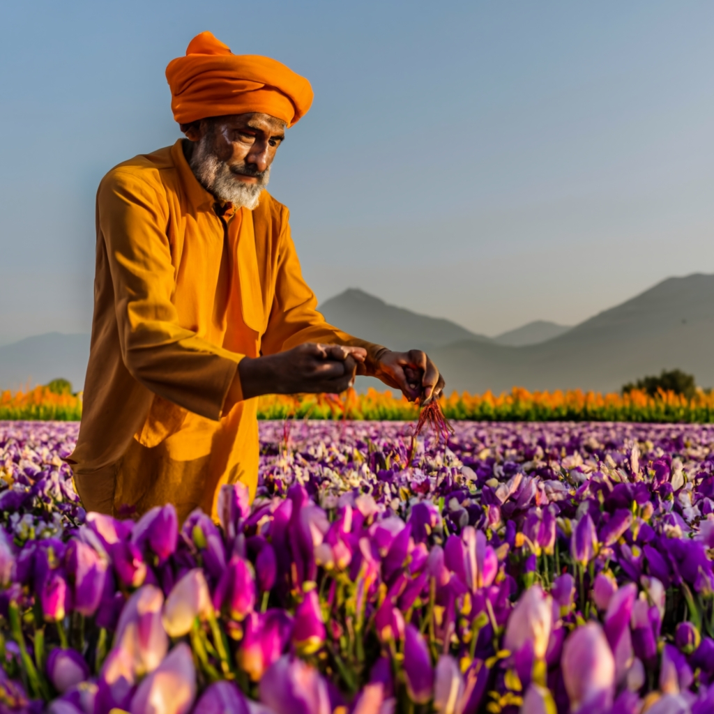 A farmer engaged in the saffron cultivation process