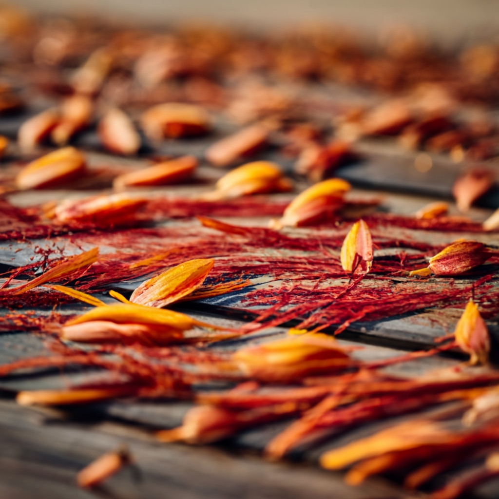 Saffron stigmas spread out for drying