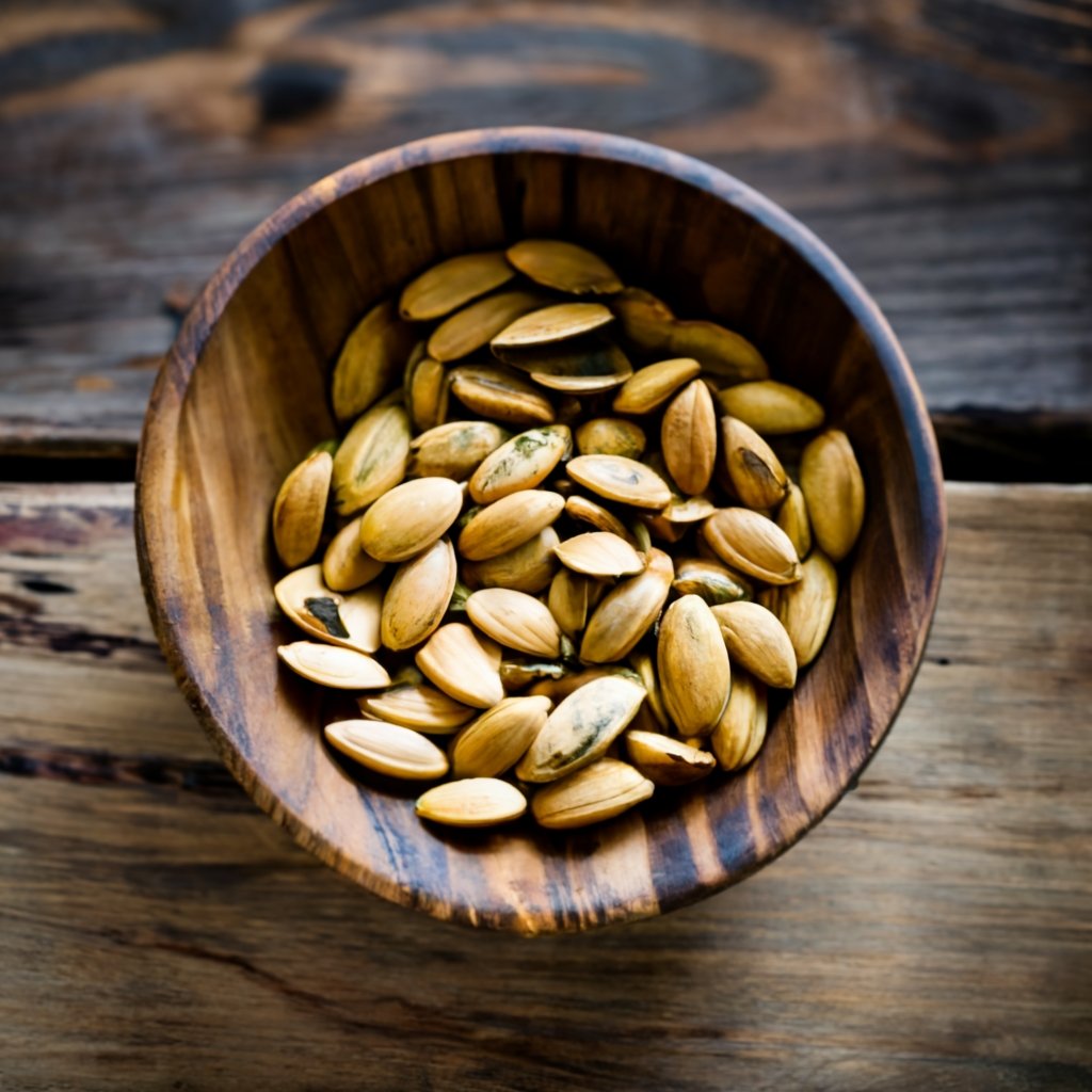 Pumpkin seeds in an aged wooden bowl