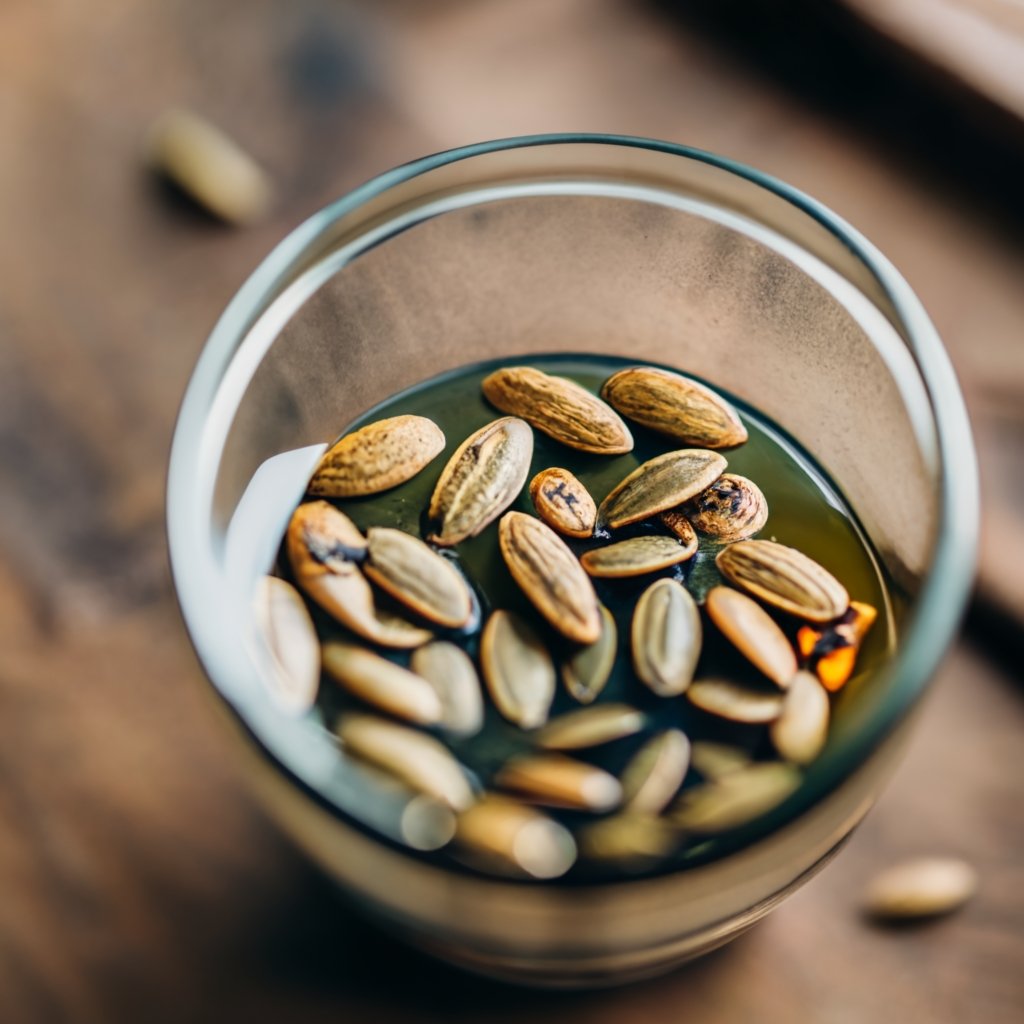 Pumpkin seeds floating in a glass of water for viability testing