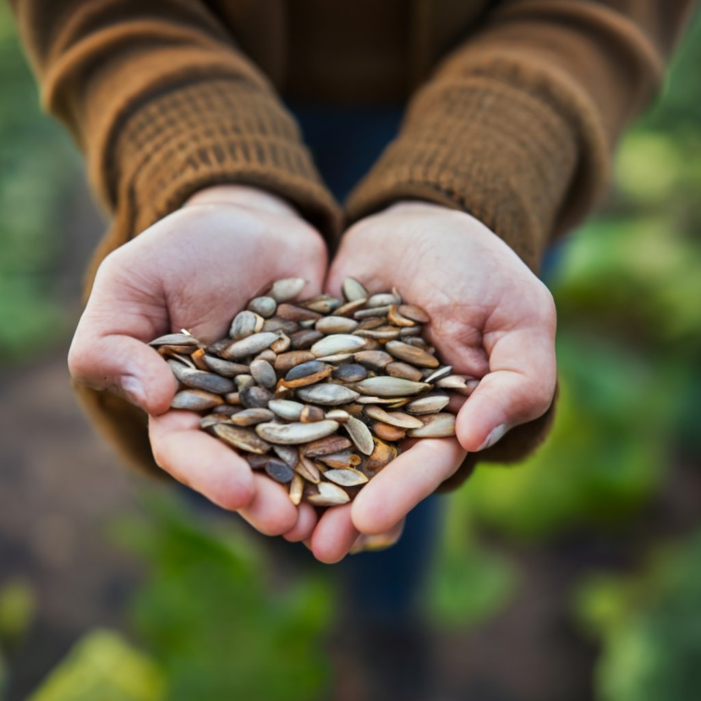 Hand holding pumpkin seeds with a garden background