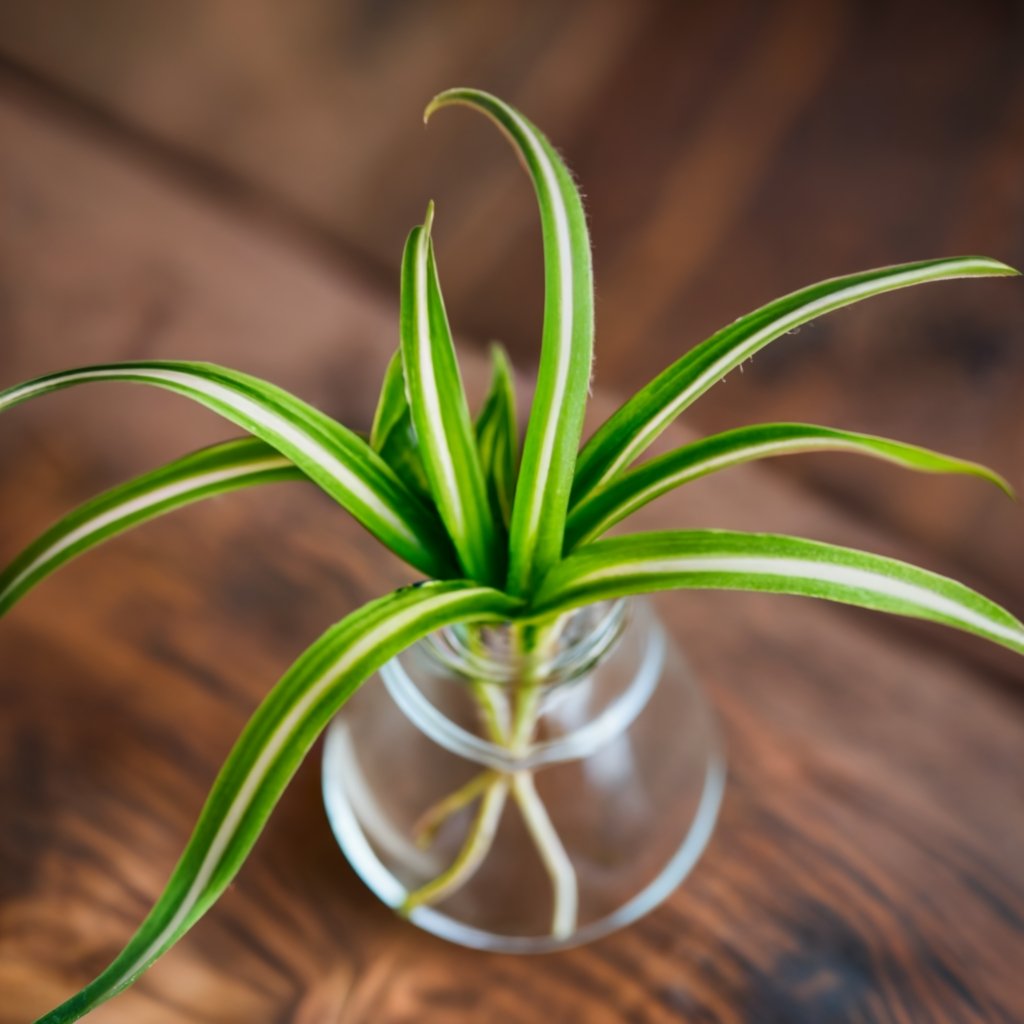 Spider plant growing in a glass vase