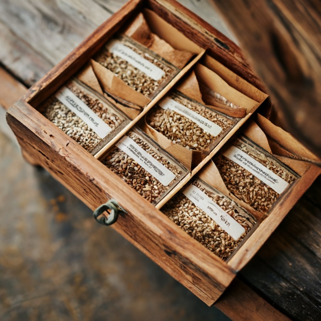 A drawer of labelled tomato seed packets