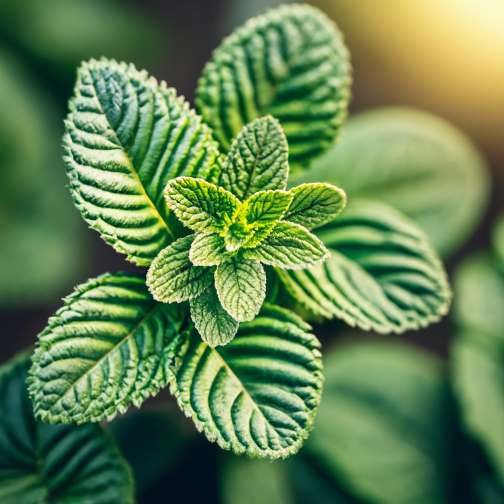 Sunlit mint leaves in a garden