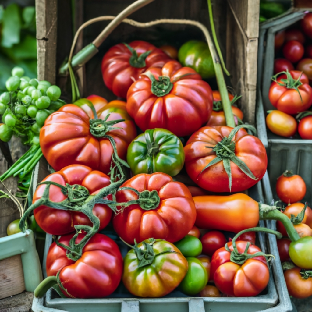 Baskets filled with freshly harvested tomatoes