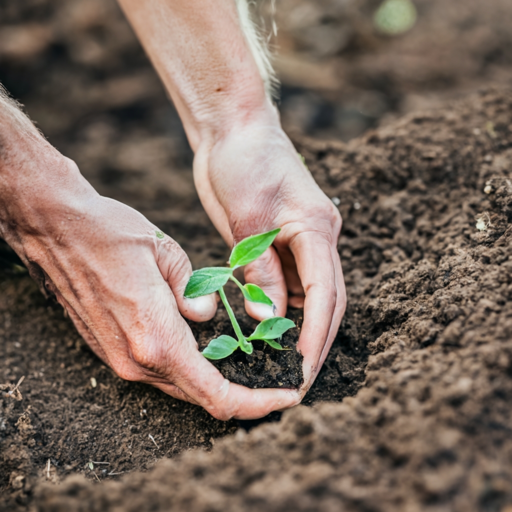 Tomato seedlings being carefully transplanted into the garden