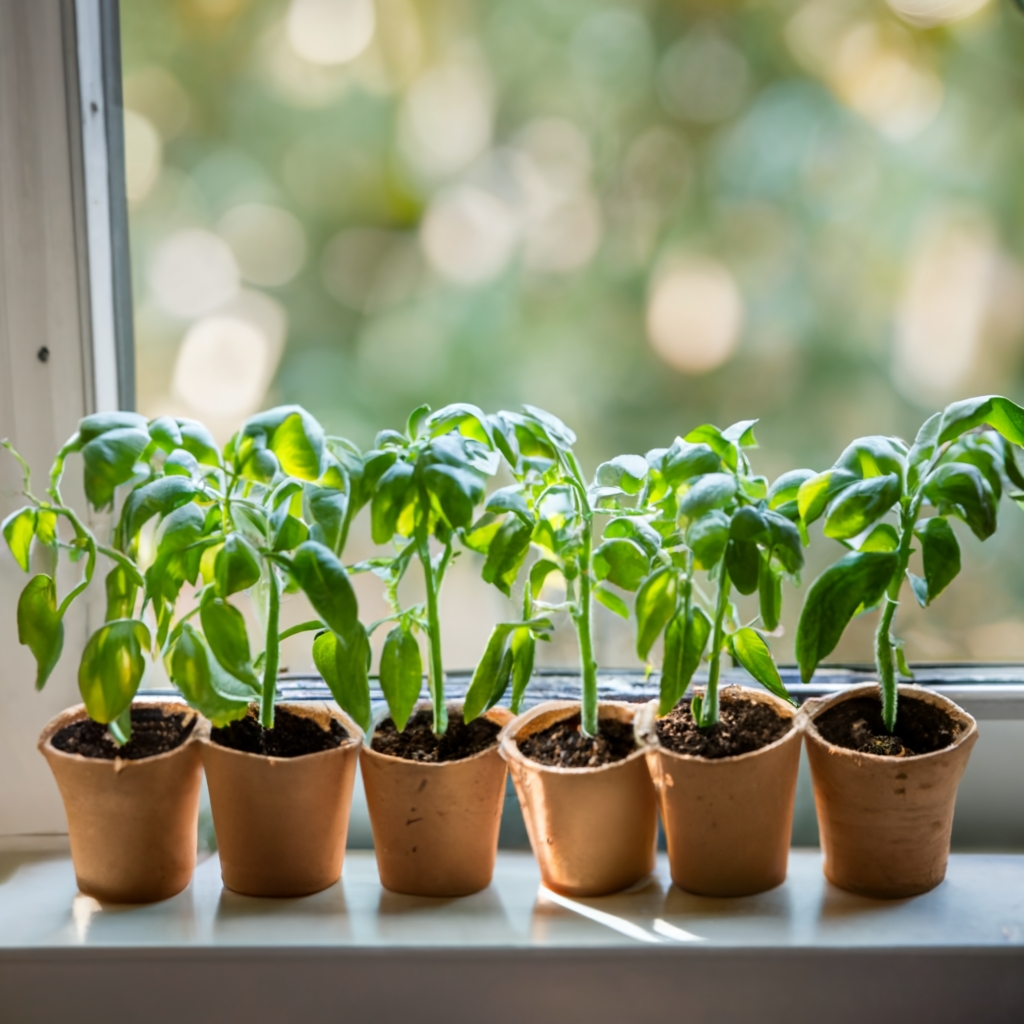 Tomato seedlings thriving in biodegradable peat pots