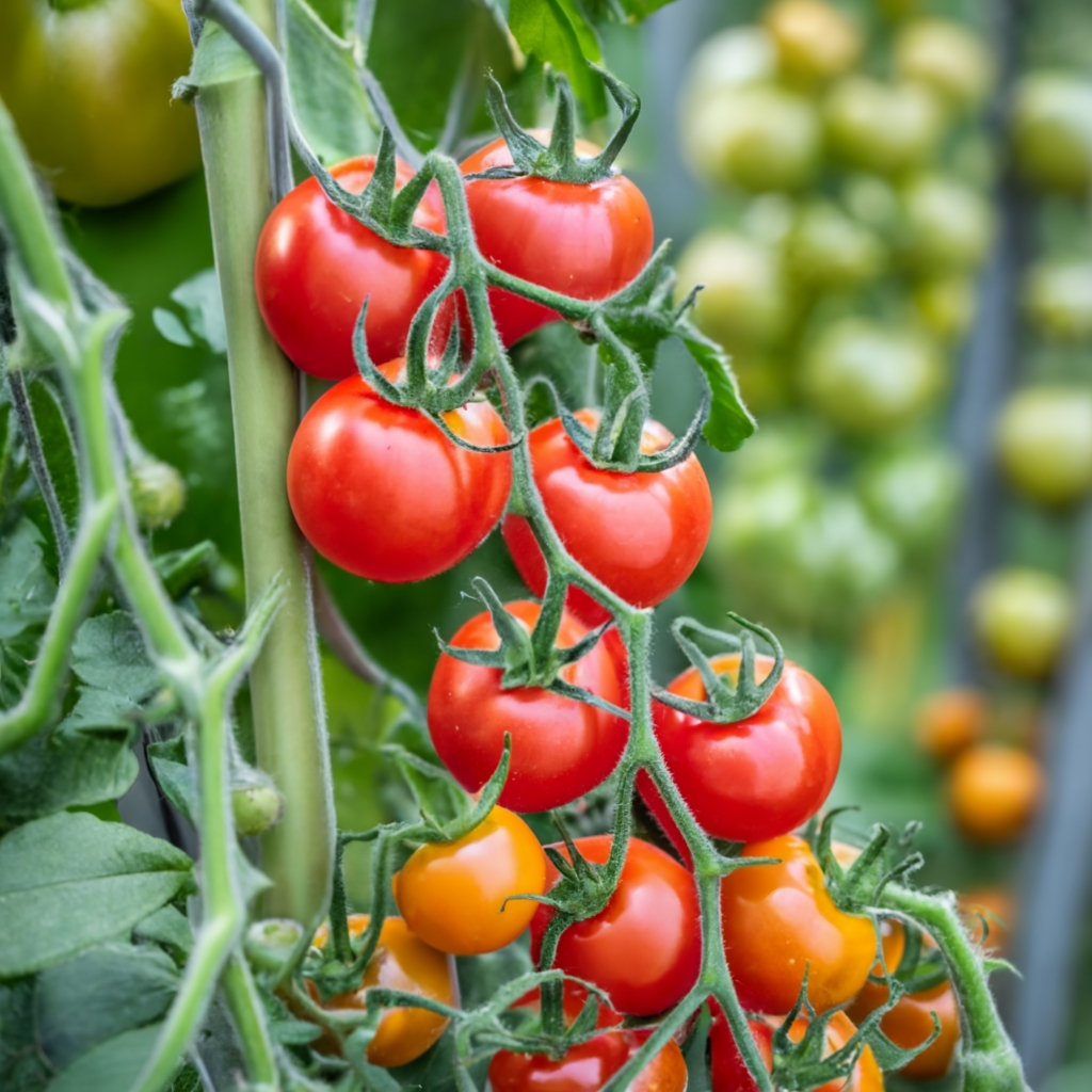 Tomato trellis teeming with ripe, red tomatoes