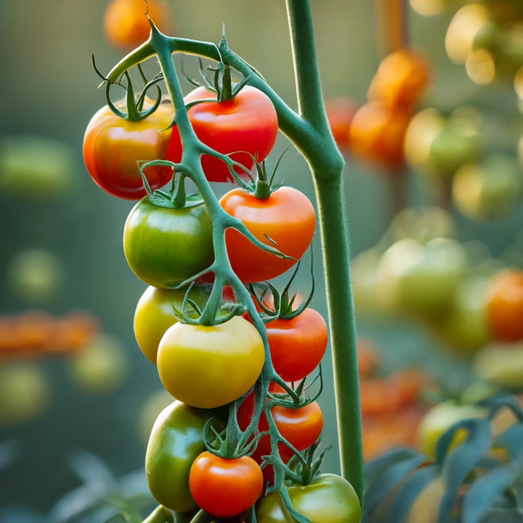 Vibrant tomato plants bathed in the soft glow of sunrise