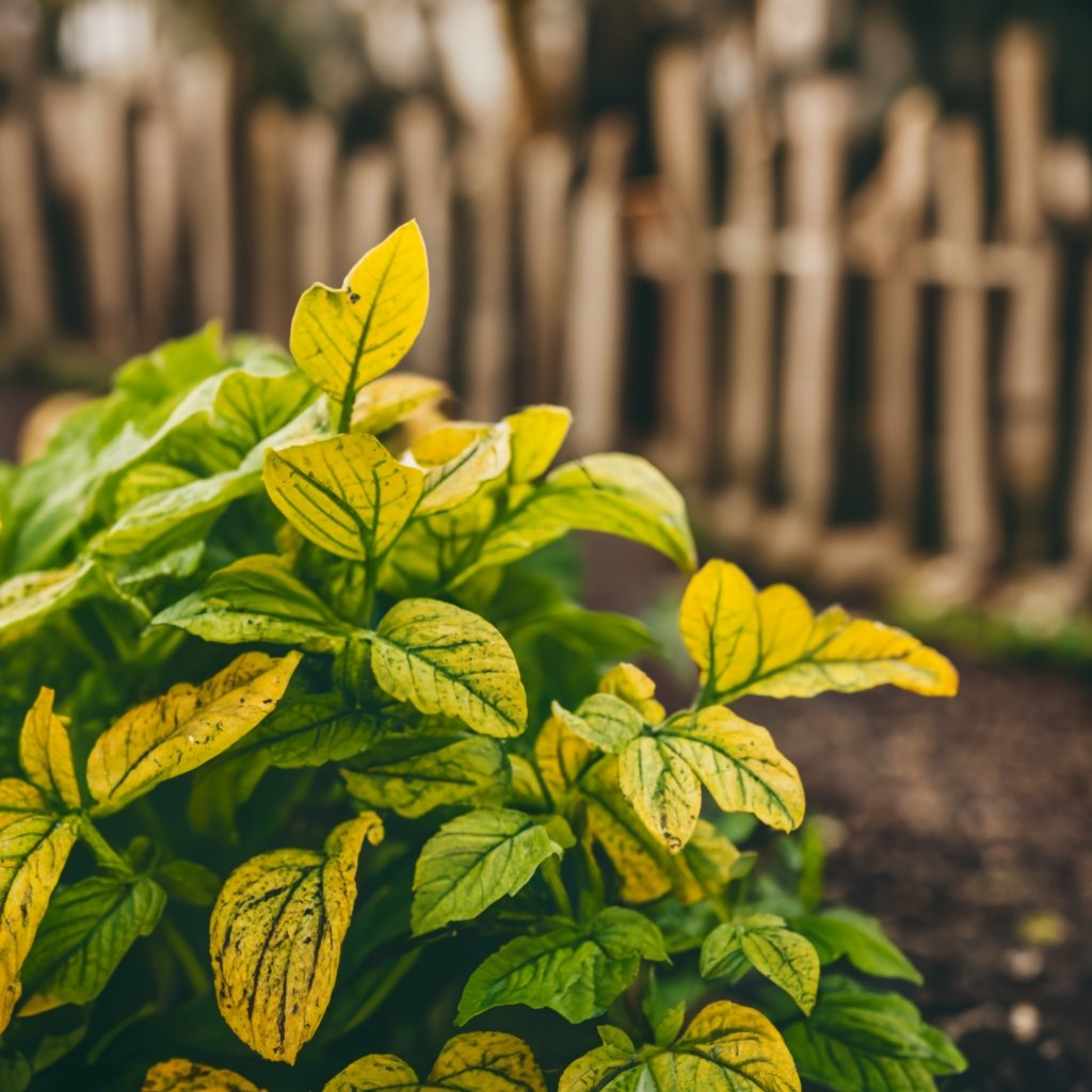 Potato plants with yellowing leaves in the garden