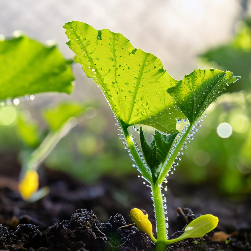 Zucchini seedlings sprouting in the early morning