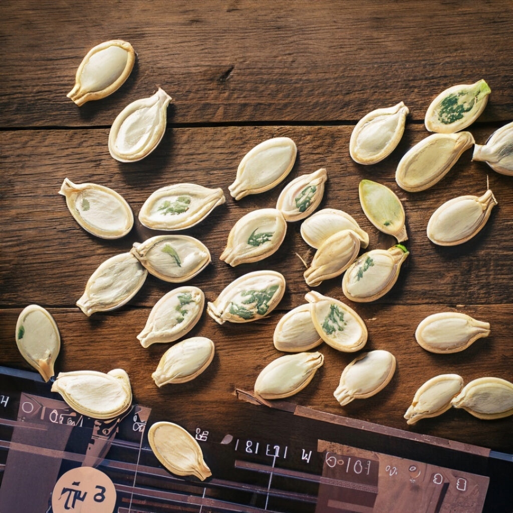 Zucchini seeds displayed on a wooden table