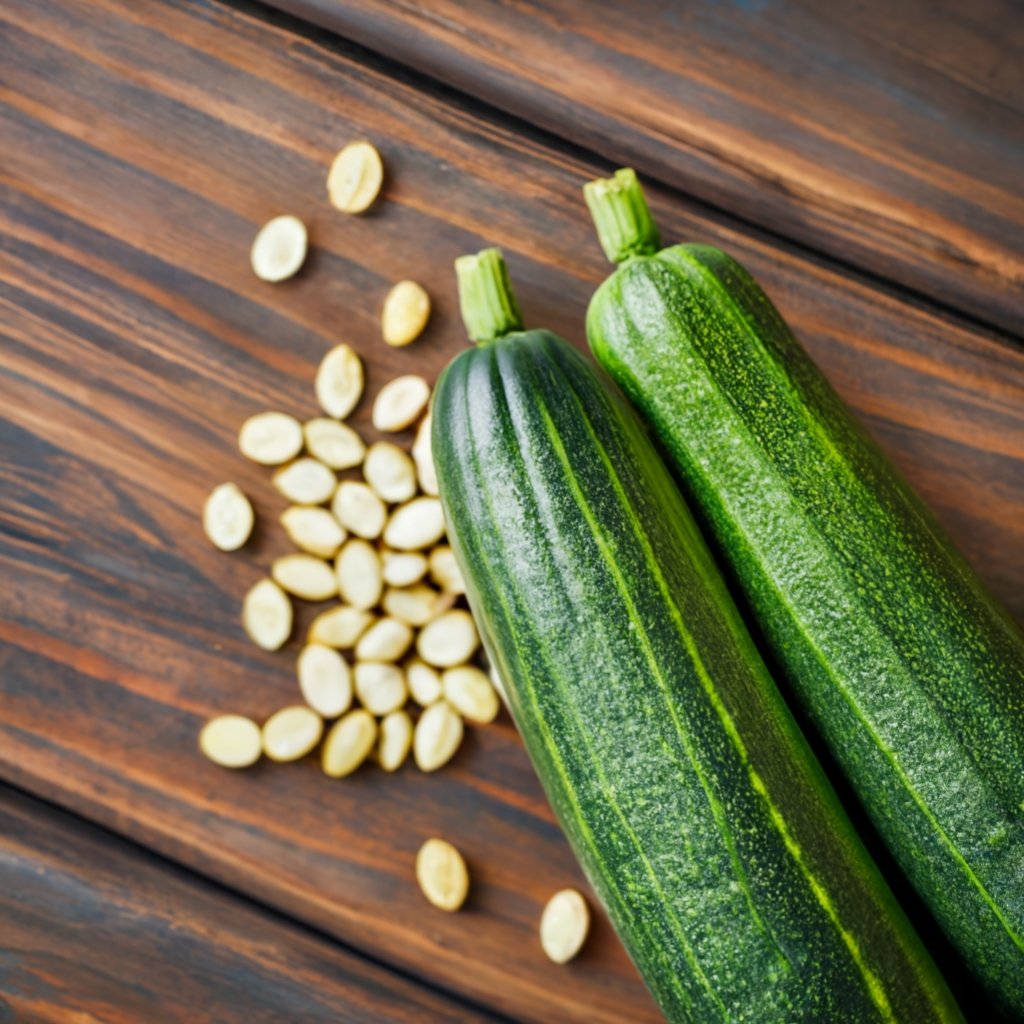 Zucchinis and seeds on a wooden table