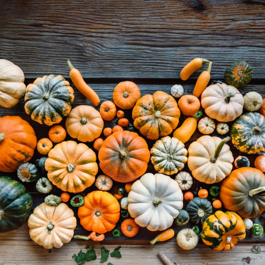 Assortment of pumpkins in various colors and sizes