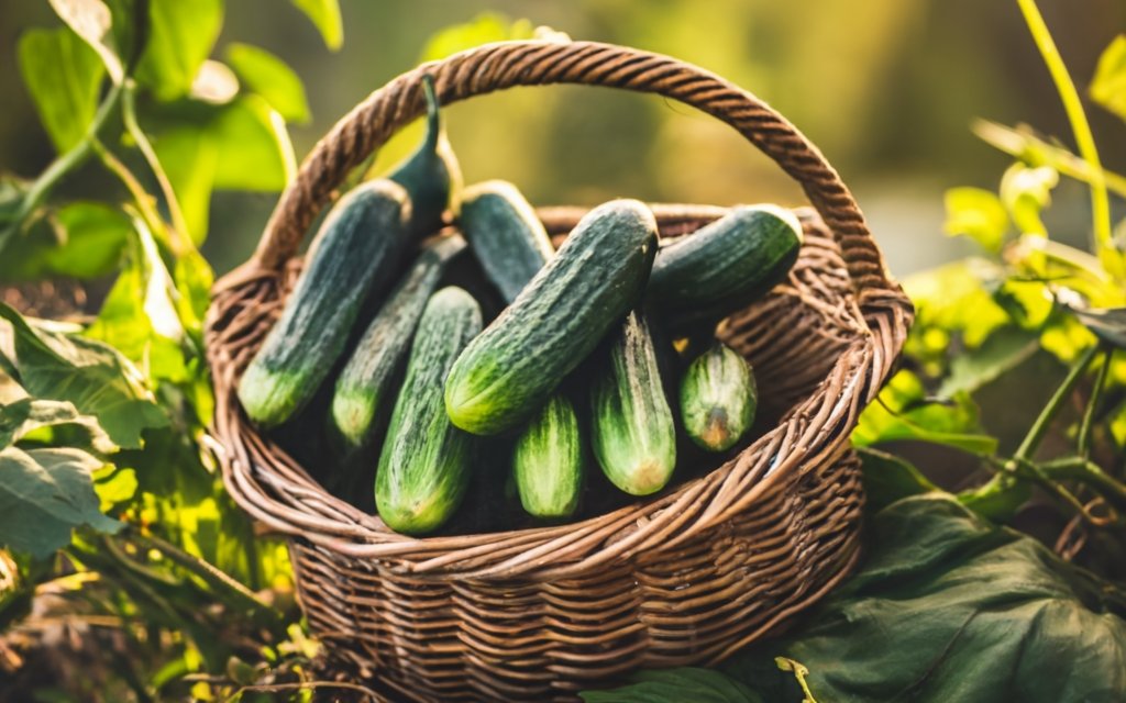 Basket filled with freshly harvested cucumbers