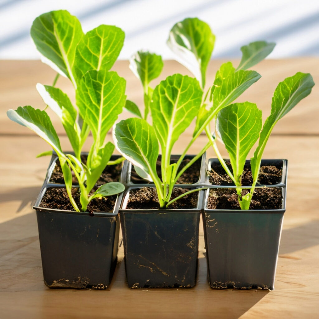 Cabbage seedlings in small pots