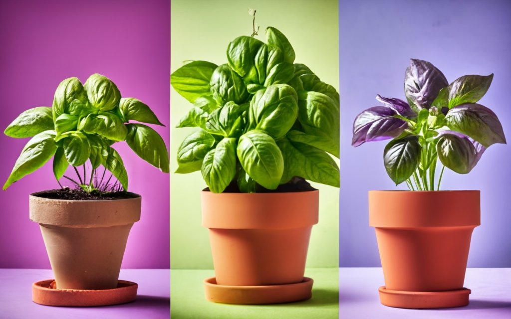 Collage showcasing colorful basil varieties in pots