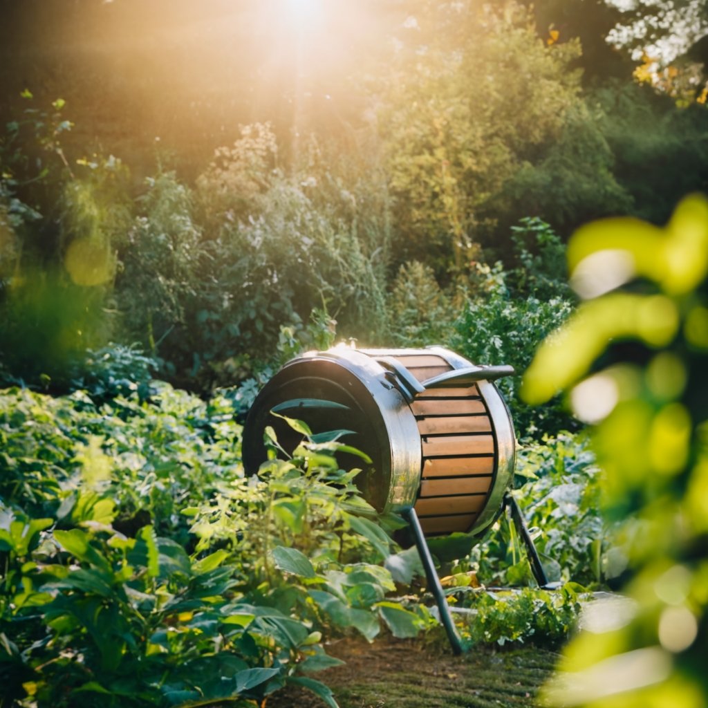 Compost tumbler in a garden setting