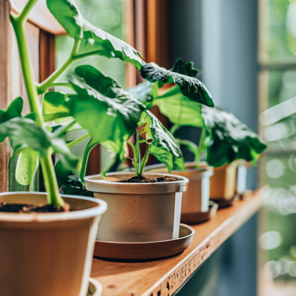 Cucumber plants growing in containers indoors to avoid frost