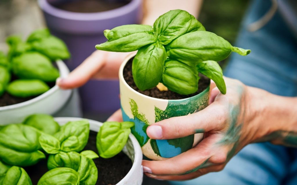 DIY painted container with growing basil