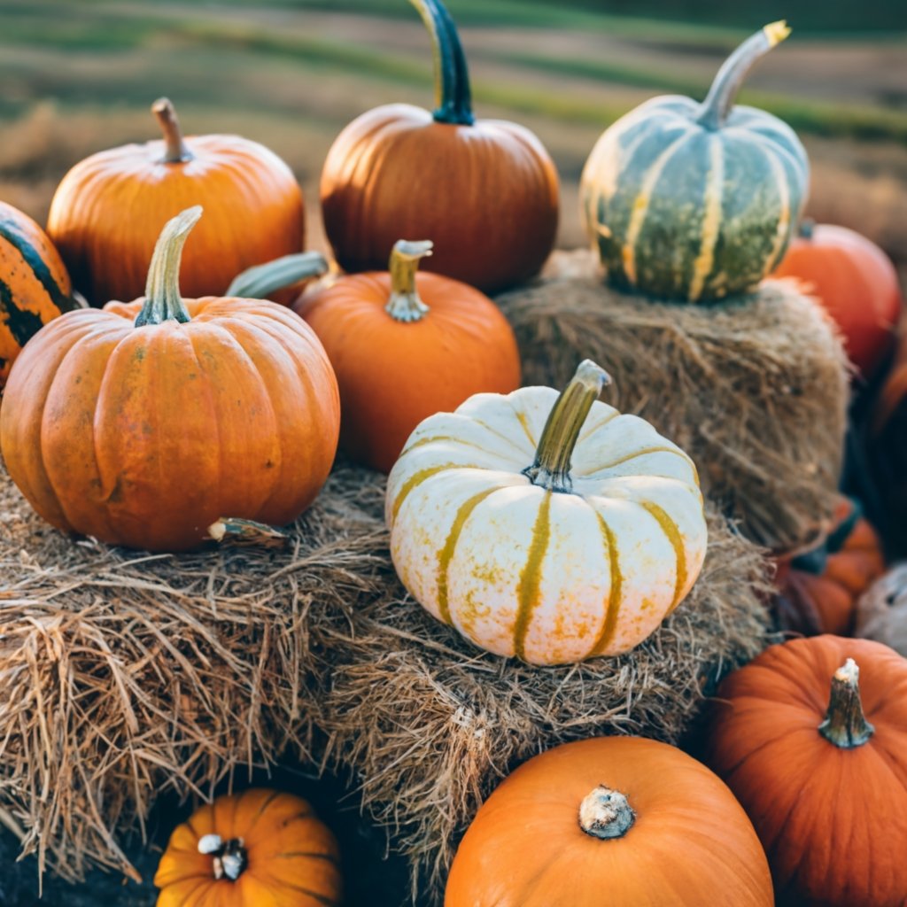 Different pumpkin varieties displayed on hay bales