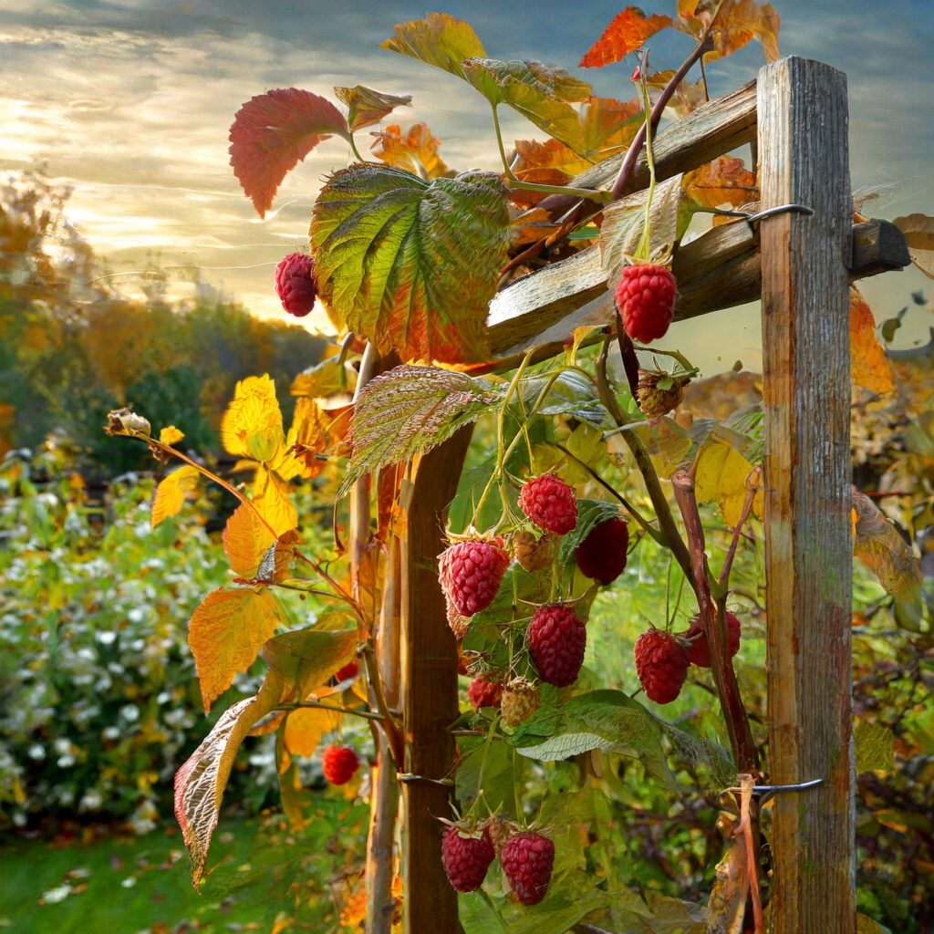 Fall harvest scene with a raspberry trellis