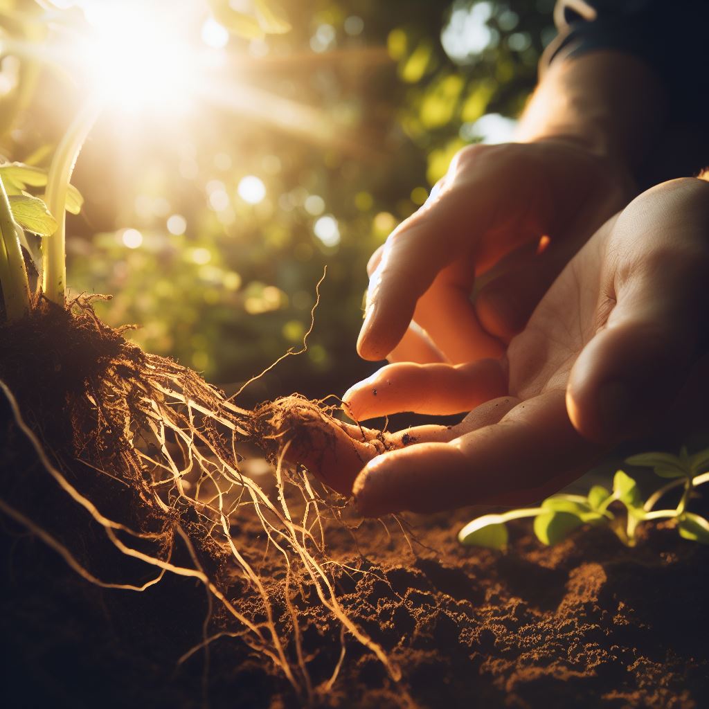 Gardener inspecting plant roots for aphids