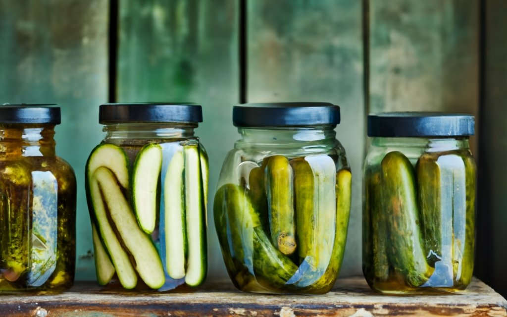 Glass jars filled with pickled cucumbers on a wooden shelf