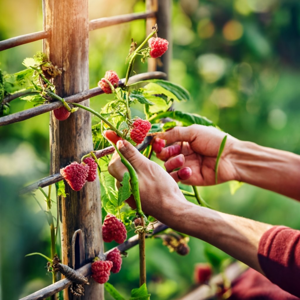 Hands tying raspberries to a trellis