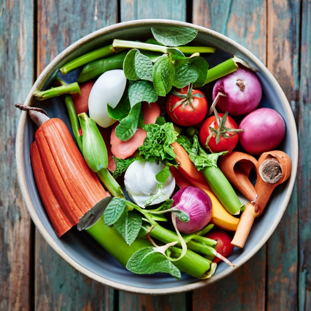 Kitchen scraps collected in a bowl ready for composting