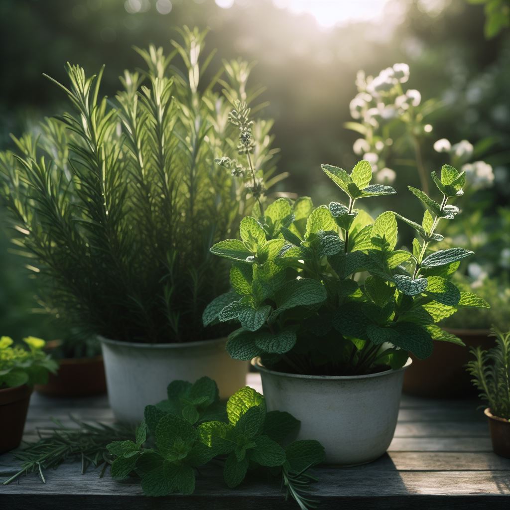 Mint and rosemary growing together